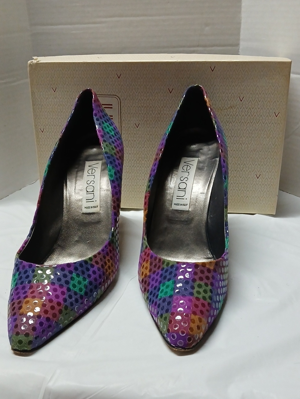 Versani Vernice Patchwork Colorblock High-Shine Pointed Toe Heels Pumps Italy 10